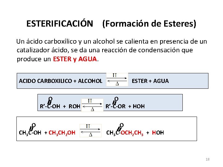 ESTERIFICACIÓN (Formación de Esteres) Un ácido carboxílico y un alcohol se calienta en presencia