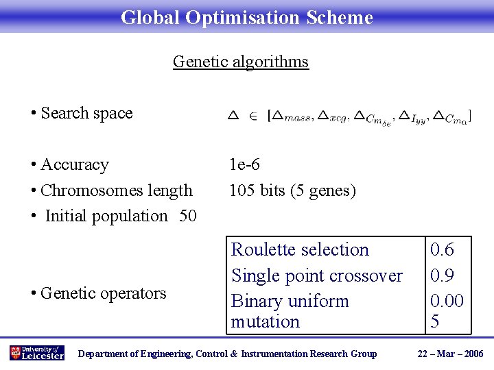 Global Optimisation Scheme Genetic algorithms • Search space • Accuracy • Chromosomes length •