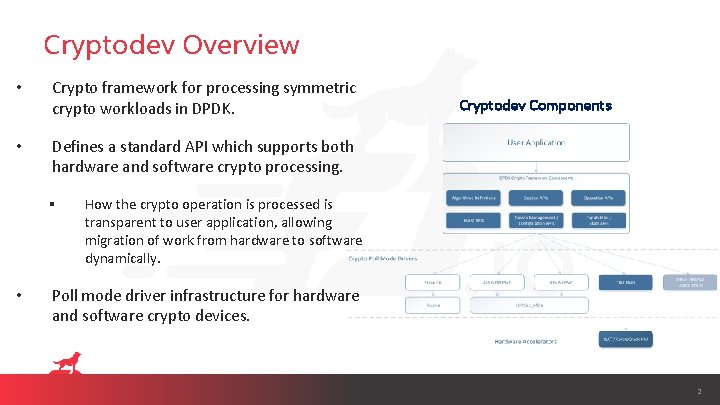 Cryptodev Overview • Crypto framework for processing symmetric crypto workloads in DPDK. • Defines