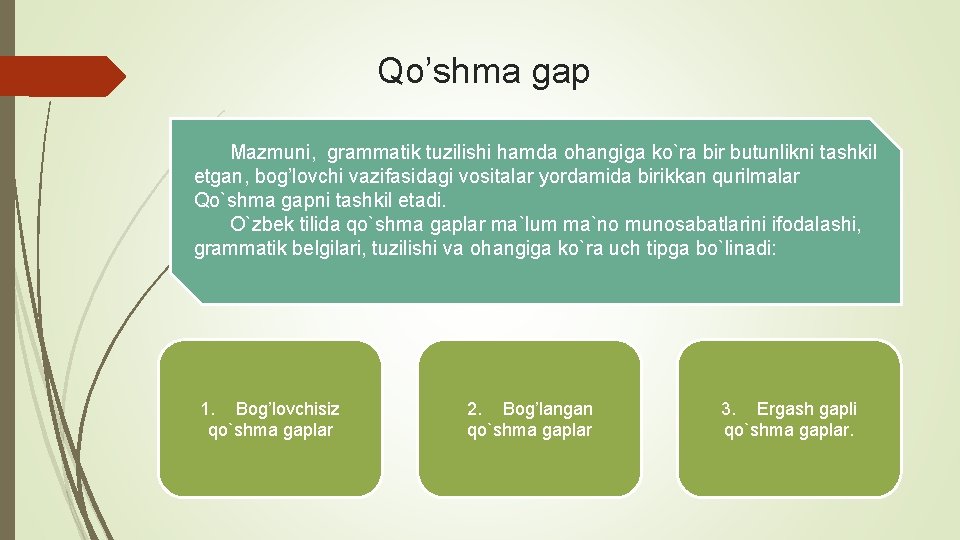 Qo’shma gap Mazmuni, grammatik tuzilishi hamda ohangiga ko`ra bir butunlikni tashkil etgan, bog’lovchi vazifasidagi