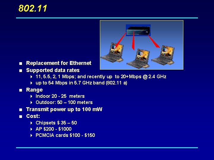 802. 11 < Replacement for Ethernet < Supported data rates 4 11, 5. 5,