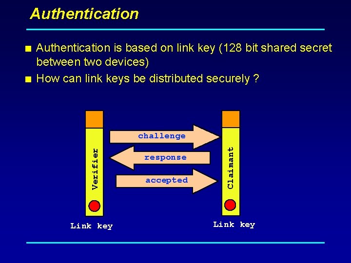 Authentication < Authentication is based on link key (128 bit shared secret between two