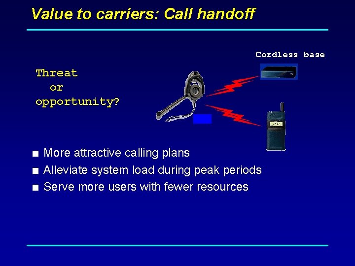 Value to carriers: Call handoff Cordless base Threat or opportunity? < More attractive calling