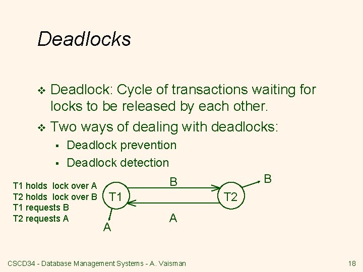 Deadlocks Deadlock: Cycle of transactions waiting for locks to be released by each other.