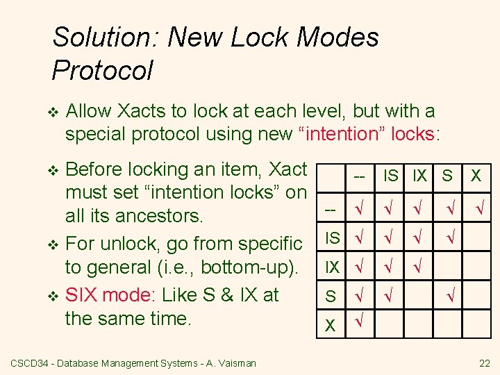 Solution: New Lock Modes Protocol v Allow Xacts to lock at each level, but