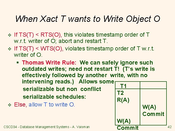 When Xact T wants to Write Object O v v v If TS(T) <