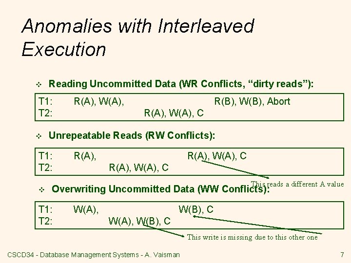 Anomalies with Interleaved Execution v Reading Uncommitted Data (WR Conflicts, “dirty reads”): T 1: