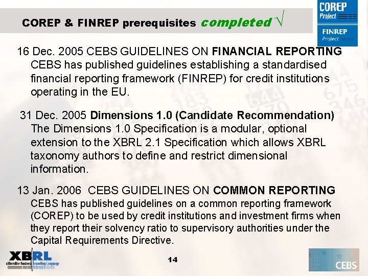 COREP & FINREP prerequisites completed √ 16 Dec. 2005 CEBS GUIDELINES ON FINANCIAL REPORTING