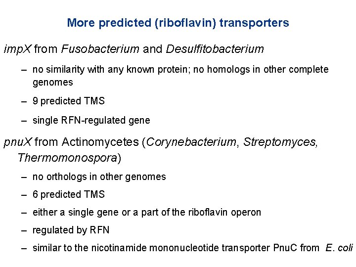 More predicted (riboflavin) transporters imp. X from Fusobacterium and Desulfitobacterium – no similarity with