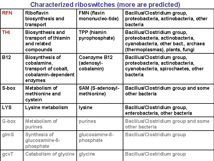 Characterized riboswitches (more are predicted) RFN Riboflavin biosynthesis and transport FMN (flavin mononucleo-tide) Bacillus/Clostridium