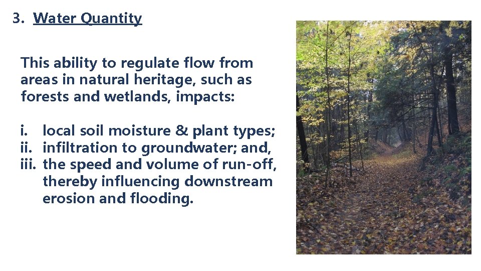 3. Water Quantity This ability to regulate flow from areas in natural heritage, such