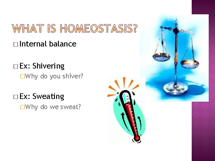 � Internal � Ex: Shivering �Why � Ex: balance do you shiver? Sweating �Why