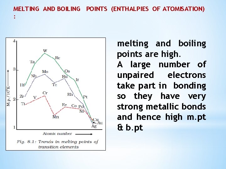 MELTING AND BOILING POINTS (ENTHALPIES OF ATOMISATION) : melting and boiling points are high.
