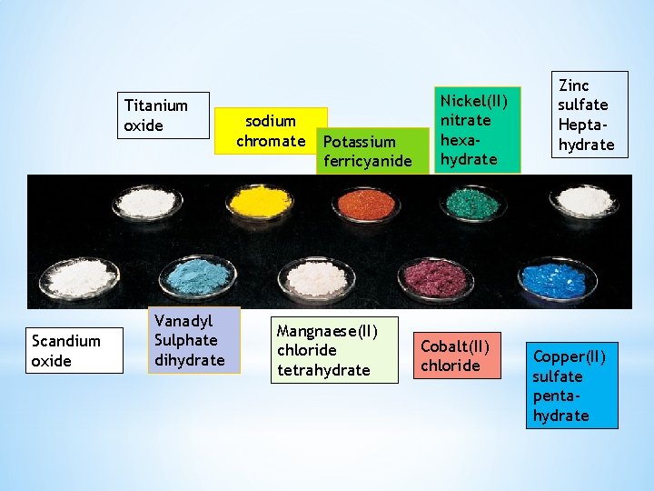 Titanium oxide Scandium oxide Vanadyl Sulphate dihydrate sodium chromate Potassium ferricyanide Mangnaese(II) chloride tetrahydrate
