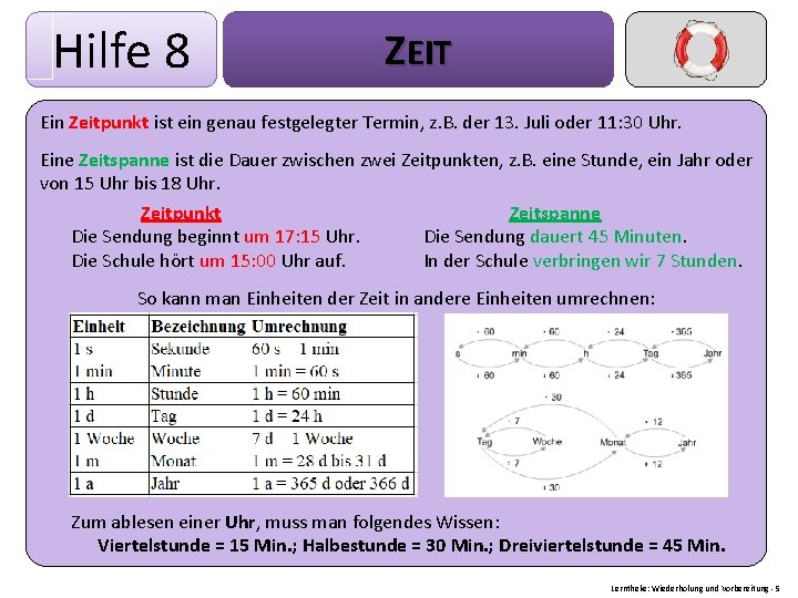 Hilfe 8 ZEIT Ein Zeitpunkt ist ein genau festgelegter Termin, z. B. der 13.