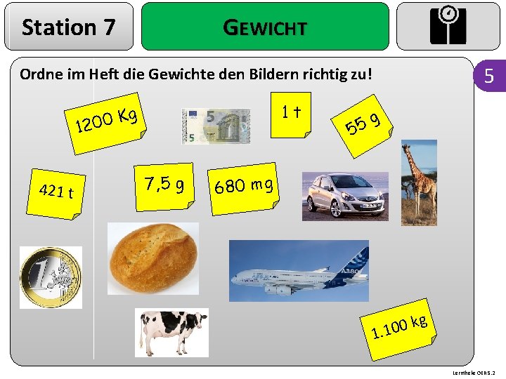 Station 7 GEWICHT 5 Ordne im Heft die Gewichte den Bildern richtig zu! 1