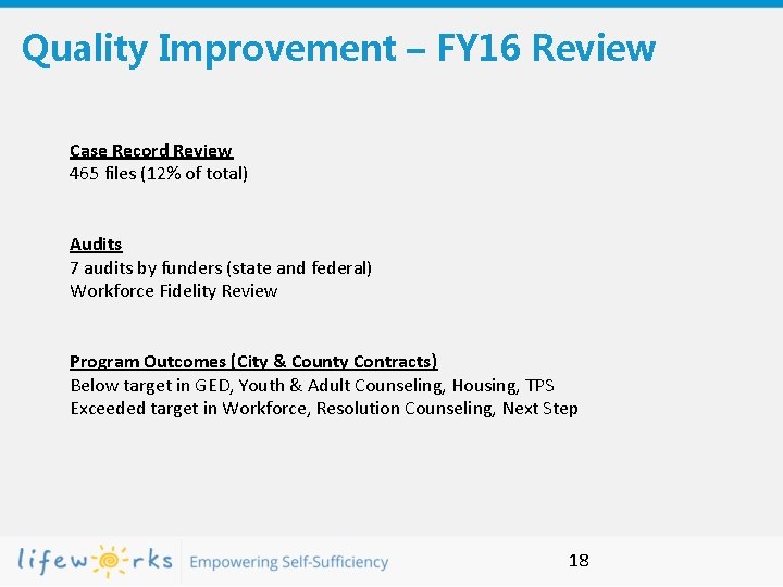 Quality Improvement – FY 16 Review Case Record Review 465 files (12% of total)