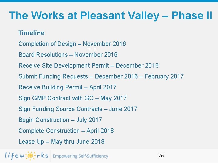 The Works at Pleasant Valley – Phase II Timeline Completion of Design – November