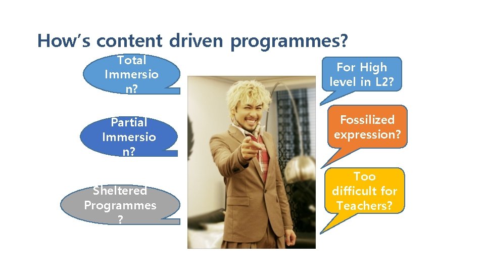 How’s content driven programmes? Total Immersio n? Partial Immersio n? Sheltered Programmes ? For