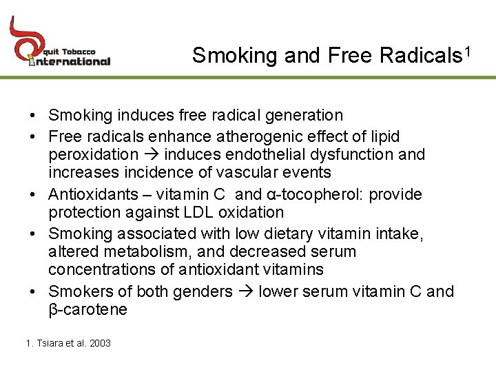 Smoking and Free Radicals 1 • Smoking induces free radical generation • Free radicals