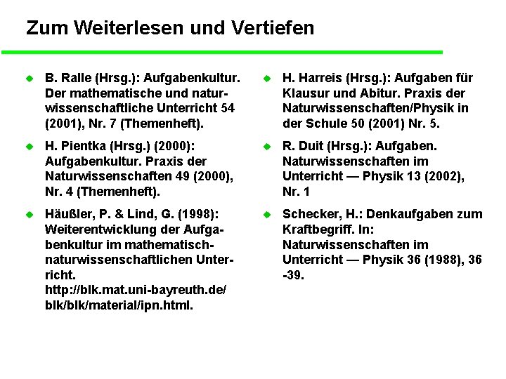 Zum Weiterlesen und Vertiefen u B. Ralle (Hrsg. ): Aufgabenkultur. Der mathematische und naturwissenschaftliche