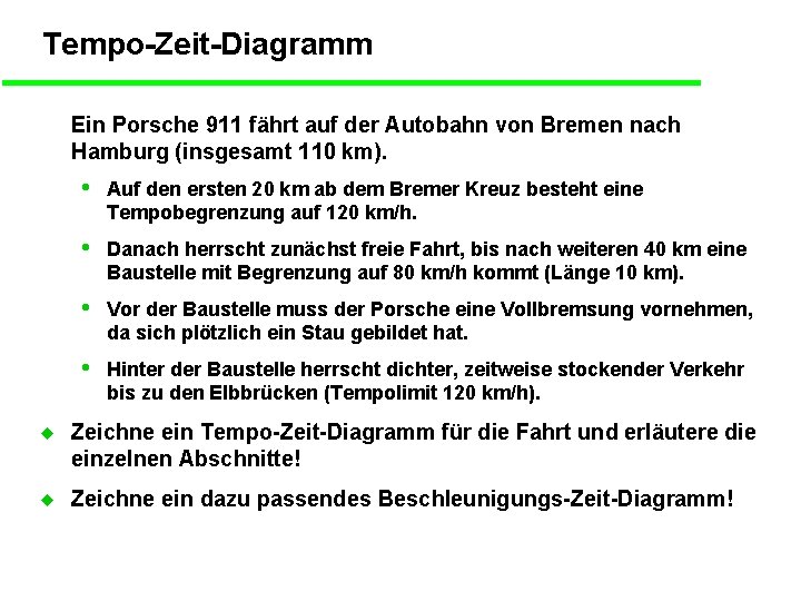 Tempo-Zeit-Diagramm Ein Porsche 911 fährt auf der Autobahn von Bremen nach Hamburg (insgesamt 110