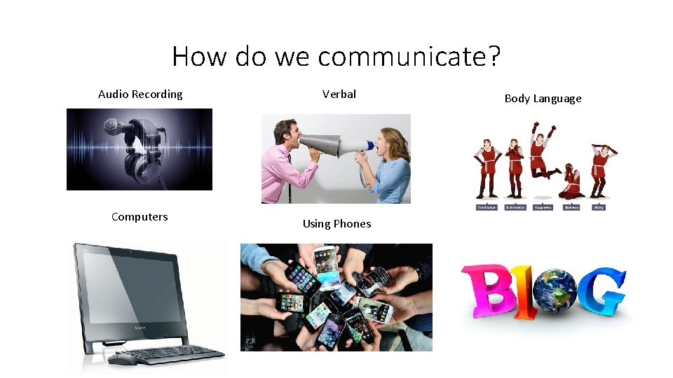 How do we communicate? Audio Recording Computers Verbal Using Phones Body Language 