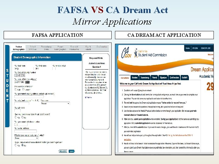 FAFSA VS CA Dream Act Mirror Applications FAFSA APPLICATION CA DREAM ACT APPLICATION 