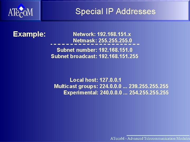 Special IP Addresses Example: Network: 192. 168. 151. x Netmask: 255. 0 Subnet number: