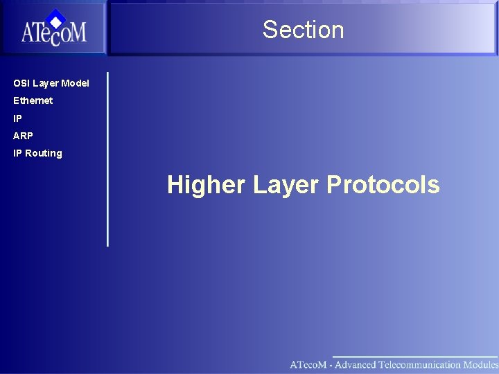 Section OSI Layer Model Ethernet IP ARP IP Routing Higher Layer Protocols 