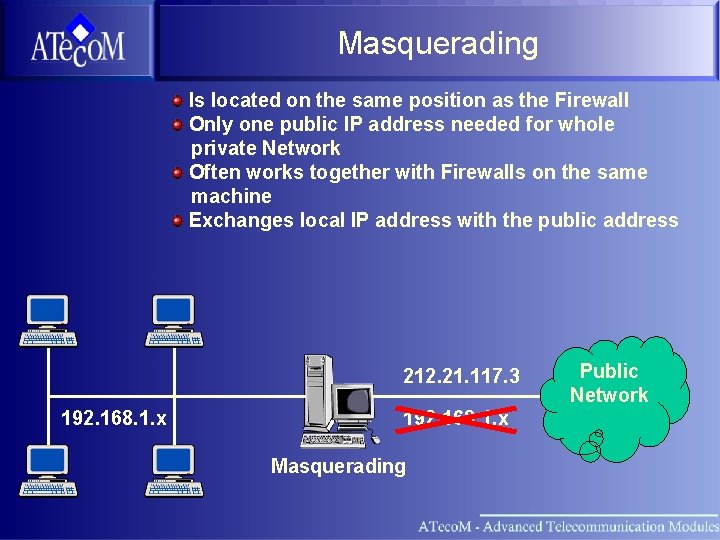 Masquerading Is located on the same position as the Firewall Only one public IP