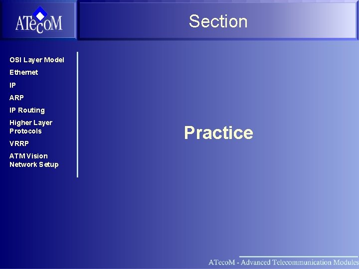 Section OSI Layer Model Ethernet IP ARP IP Routing Higher Layer Protocols VRRP ATM