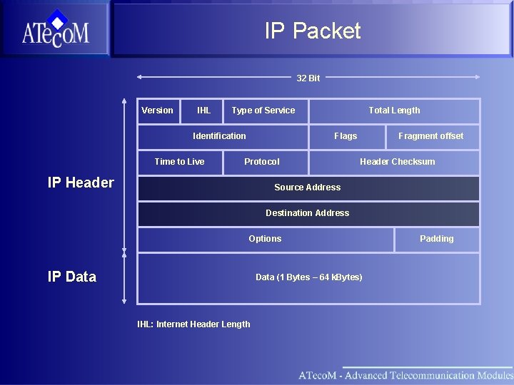 IP Packet 32 Bit Version IHL Type of Service Identification Time to Live Total