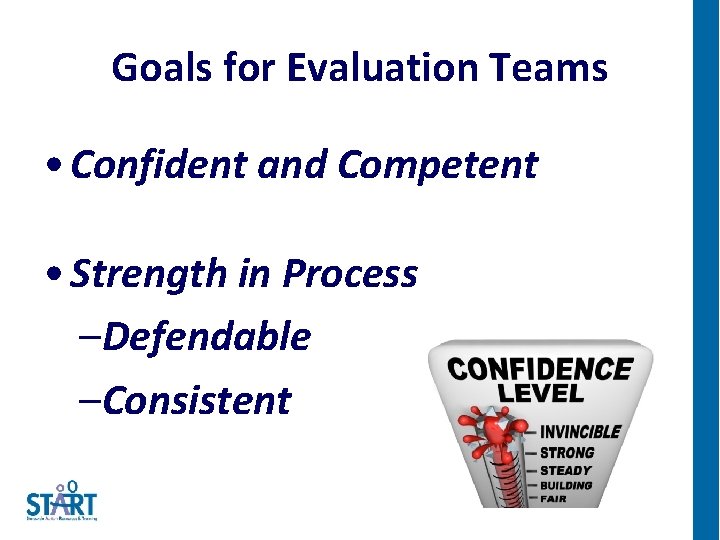 Goals for Evaluation Teams • Confident and Competent • Strength in Process –Defendable –Consistent