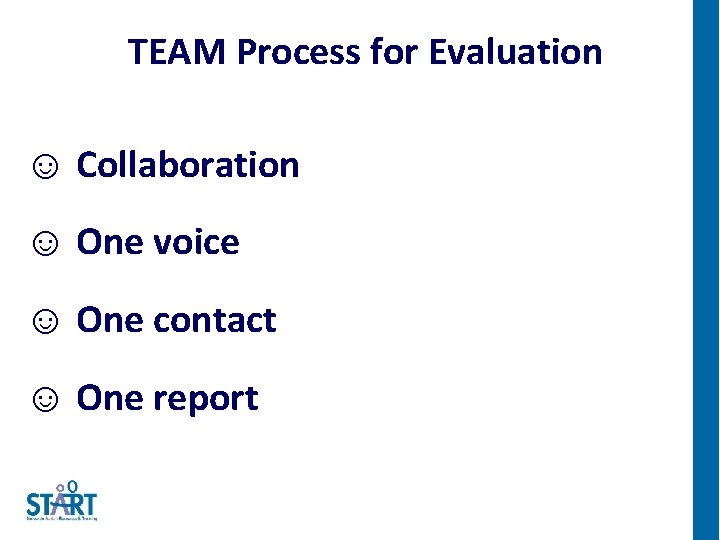 TEAM Process for Evaluation ☺ Collaboration ☺ One voice ☺ One contact ☺ One