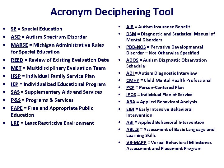 Acronym Deciphering Tool • SE = Special Education • ASD = Autism Spectrum Disorder