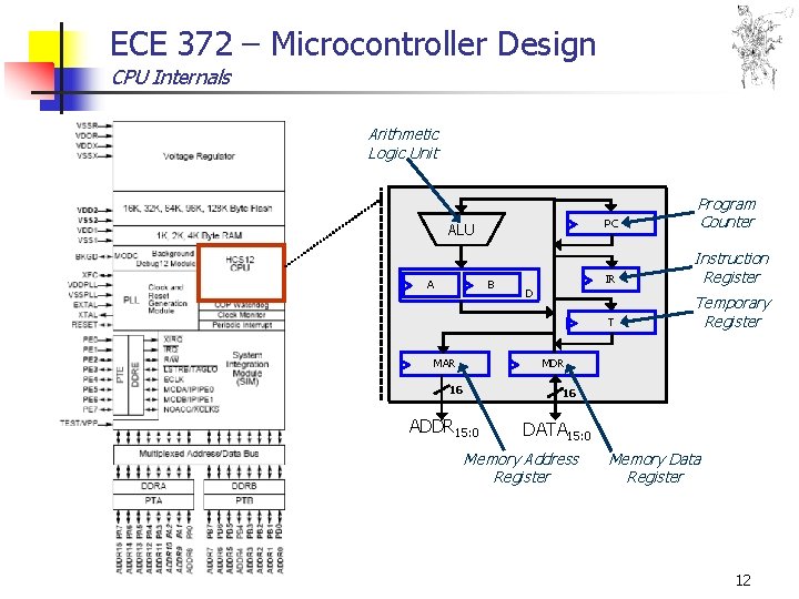 ECE 372 – Microcontroller Design CPU Internals Arithmetic Logic Unit PC ALU B A