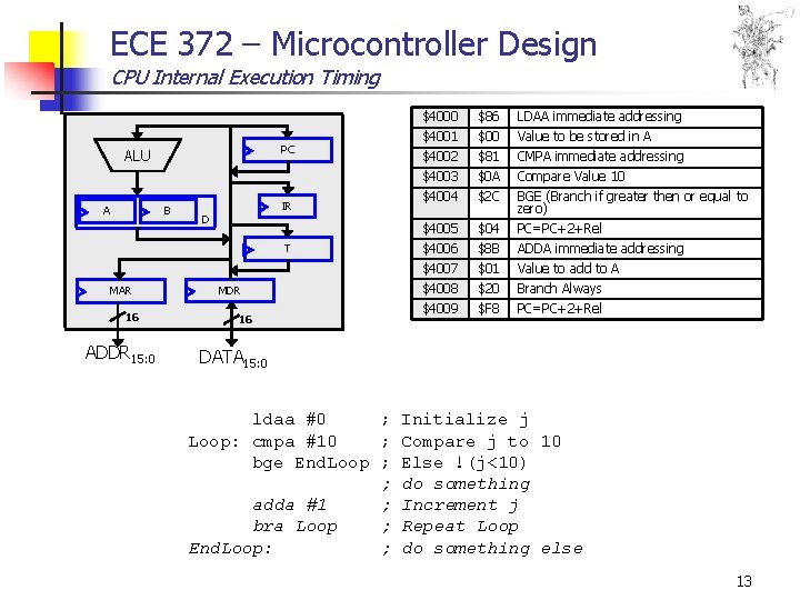 ECE 372 – Microcontroller Design CPU Internal Execution Timing PC ALU B A IR