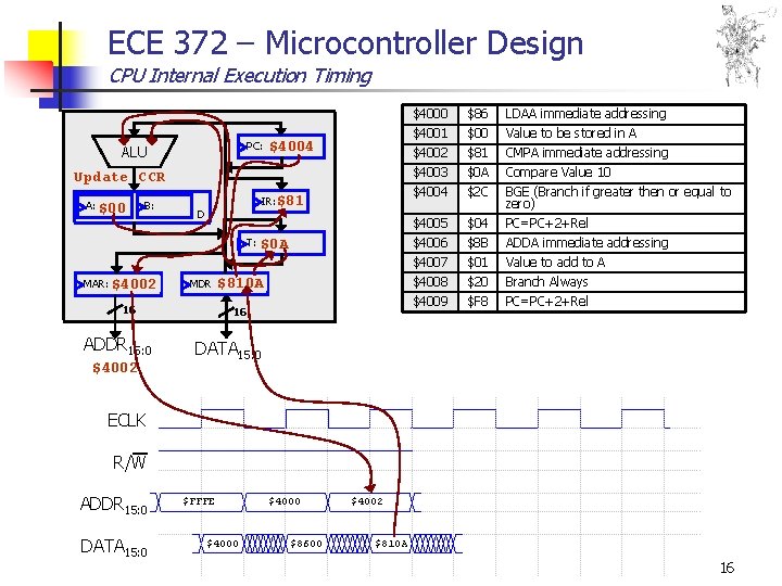 ECE 372 – Microcontroller Design CPU Internal Execution Timing PC: ALU $4004 $4002 Update
