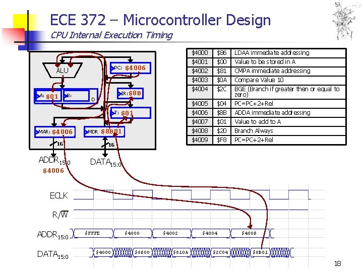 ECE 372 – Microcontroller Design CPU Internal Execution Timing PC: ALU A: $01 $00