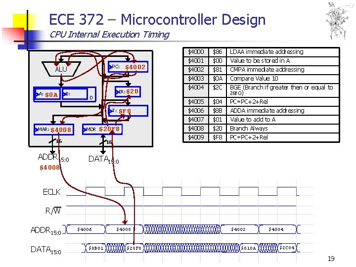 ECE 372 – Microcontroller Design CPU Internal Execution Timing PC: ALU A: $0 A