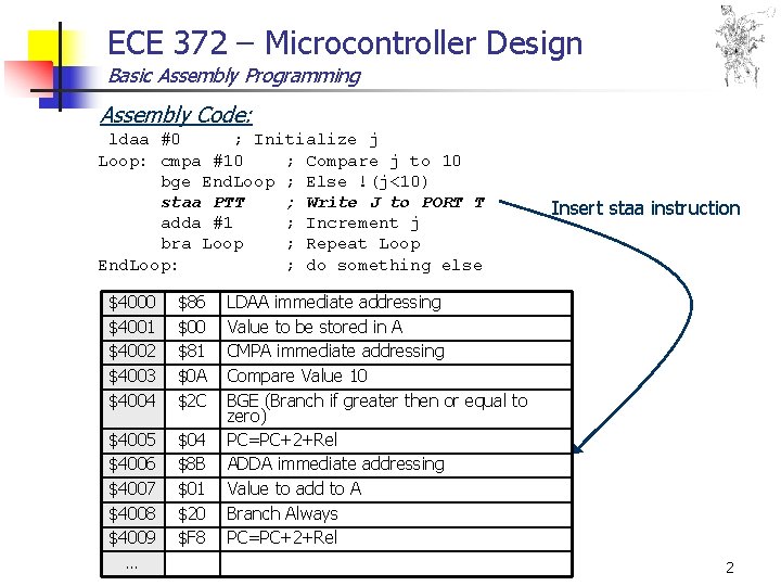 ECE 372 – Microcontroller Design Basic Assembly Programming Assembly Code: ldaa #0 ; Initialize