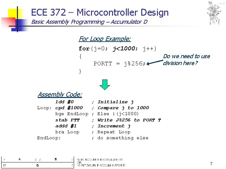 ECE 372 – Microcontroller Design Basic Assembly Programming – Accumulator D For Loop Example: