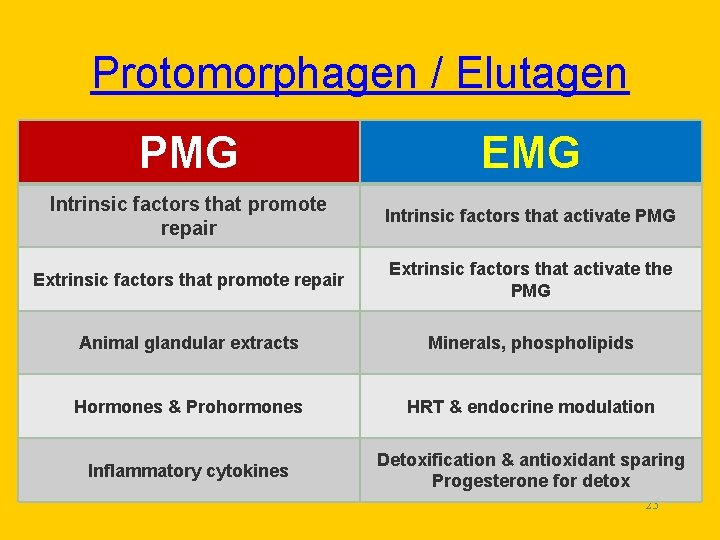 Protomorphagen / Elutagen PMG EMG Intrinsic factors that promote repair Intrinsic factors that activate