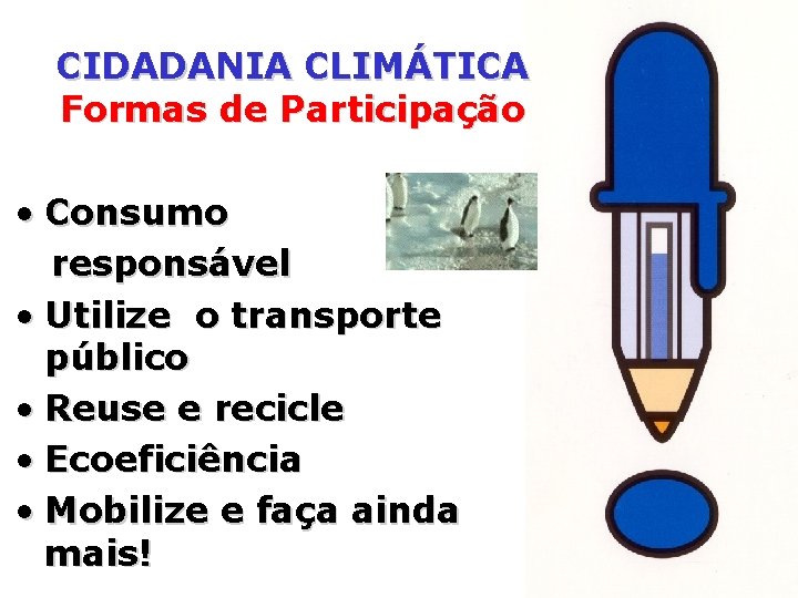 CIDADANIA CLIMÁTICA Formas de Participação • Consumo responsável • Utilize o transporte público •