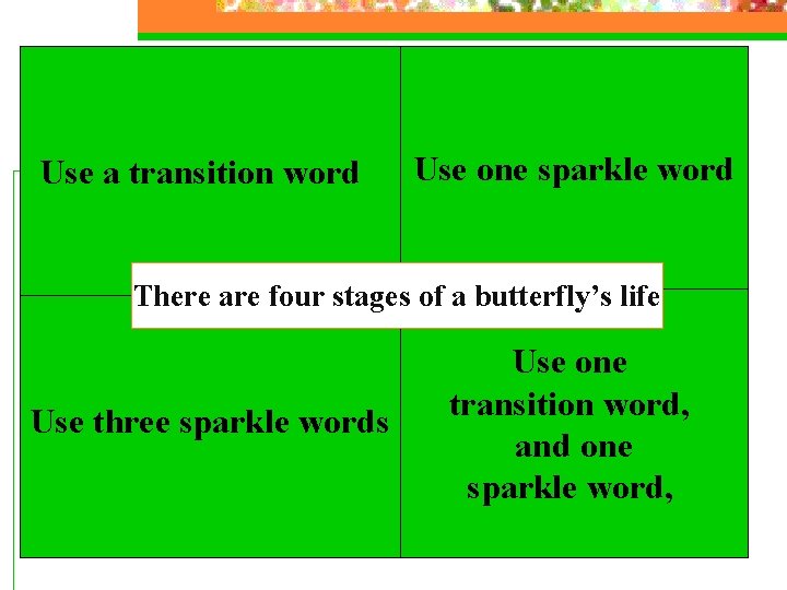 Use a transition word Use one sparkle word There are four stages of a