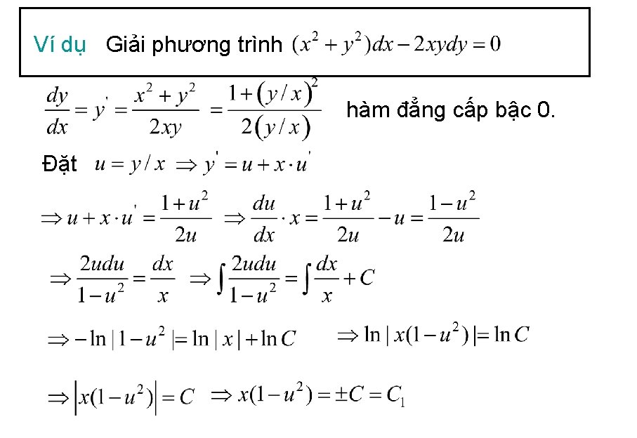 Ví dụ Giải phương trình hàm đẳng cấp bậc 0. Đặt 