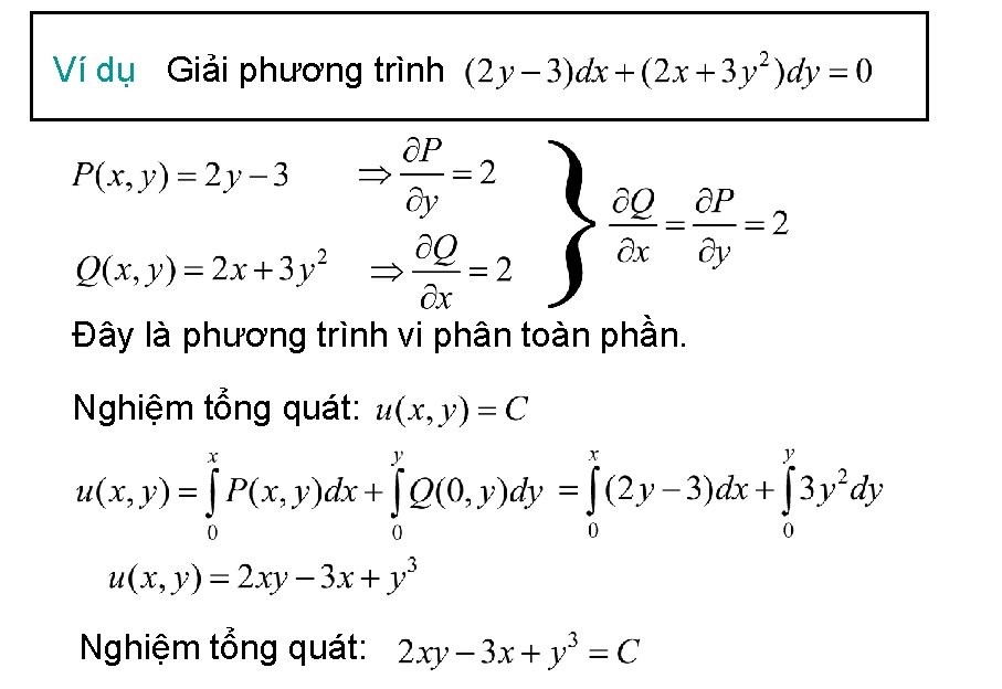 Ví dụ Giải phương trình Đây là phương trình vi phân toàn phần. Nghiệm