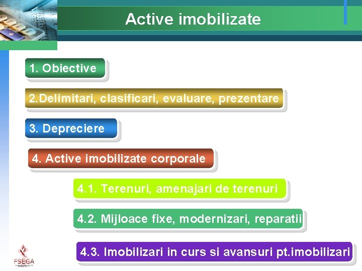Active imobilizate 1. Obiective 2. Delimitari, clasificari, evaluare, prezentare 3. Depreciere 4. Active imobilizate