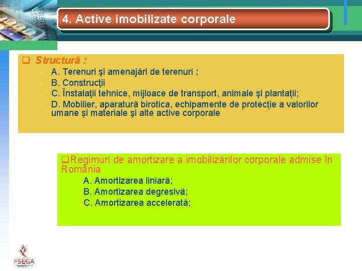 4. Active imobilizate corporale q Structură : v v A. Terenuri şi amenajări de